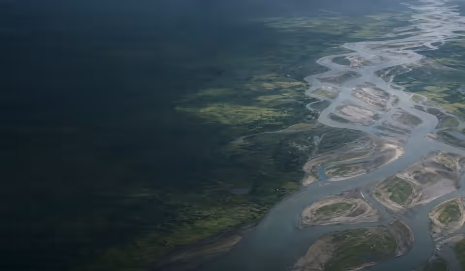 Illustrative aerial view of braided river channels in Assam